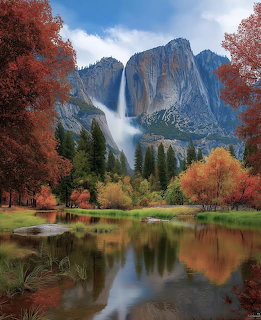 Yosemite Falls waterfall with autumn colored trees and a reflective river in the foreground