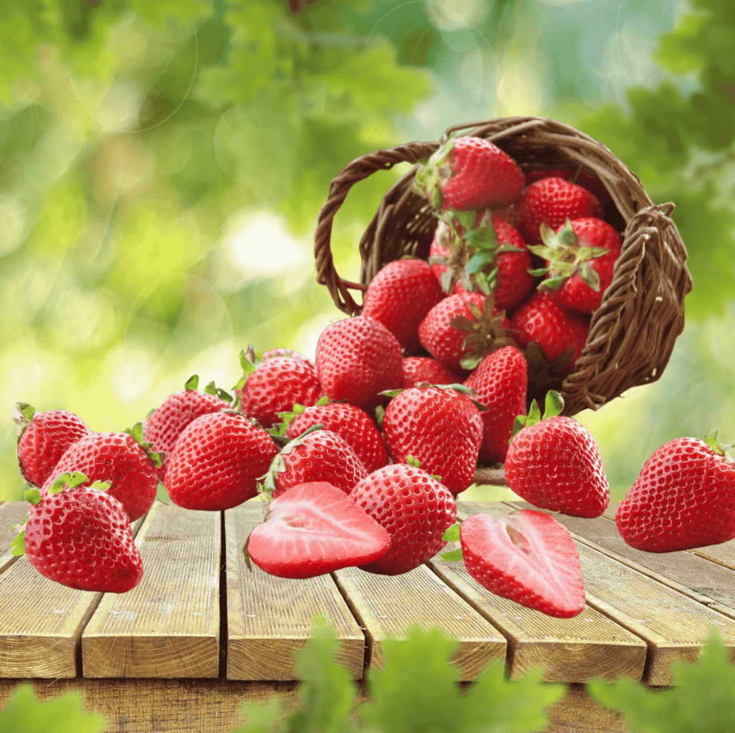 Fresh red strawberries spilling from woven basket on wooden surface with blurred green foliage background