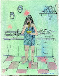 Woman eating noodles in kitchen with checkered floor and green walls