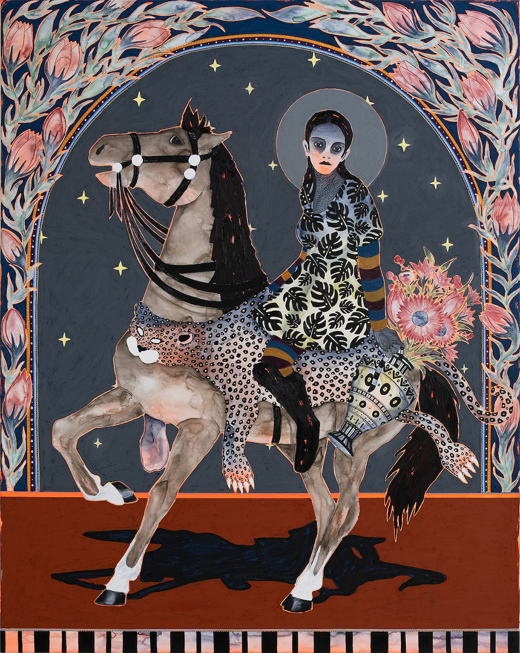 Decorative illustration of woman on dappled horse surrounded by pink floral motifs and stars in an arched frame