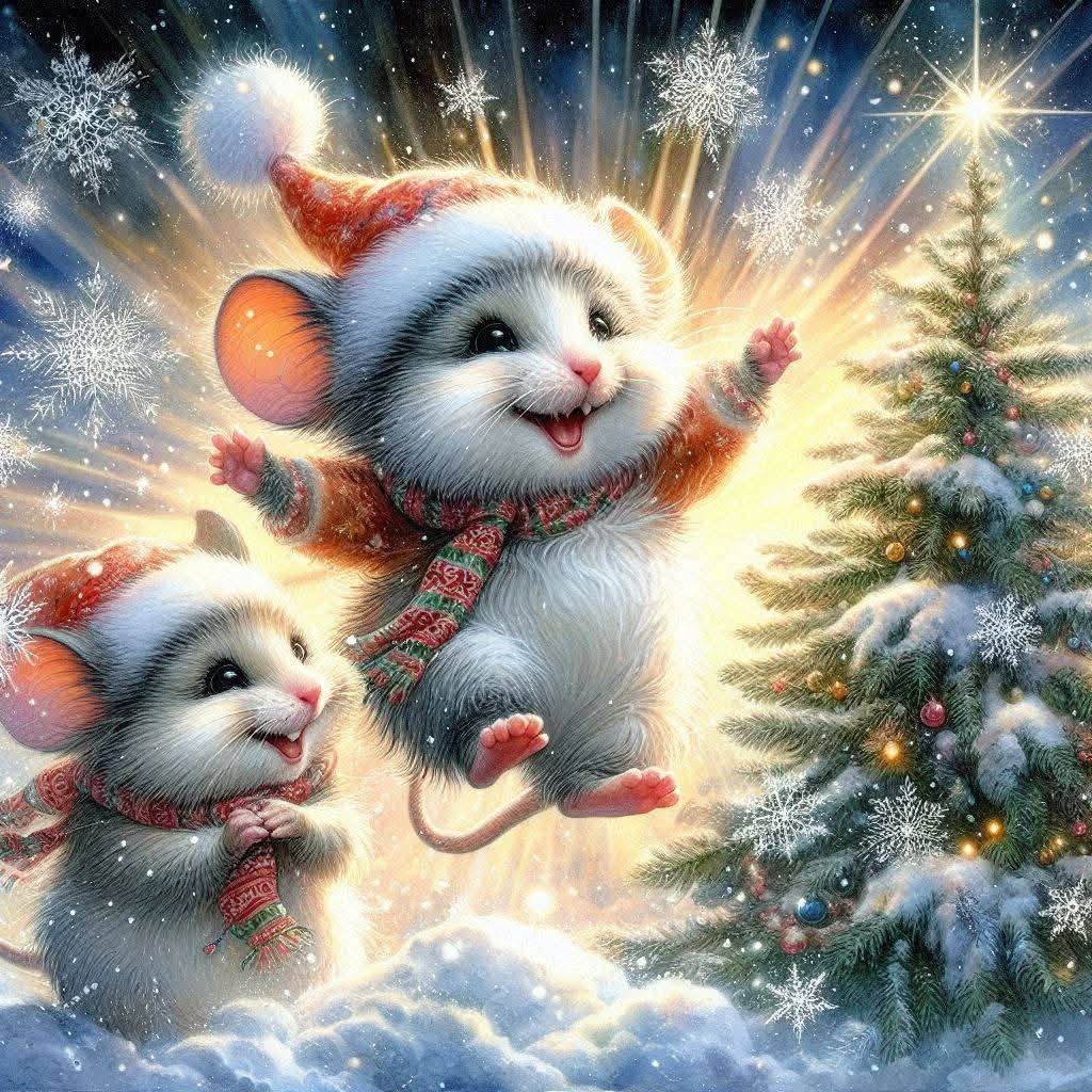 Two cute mice in Santa hats playing in the snow beside a decorated Christmas tree