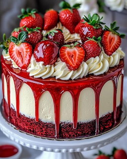 Red velvet cheesecake topped with strawberries and cream on white cake stand