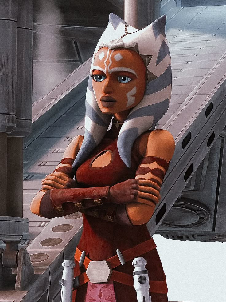 Ahsoka Tano Togruta character with striped head-tails and dual lightsabers