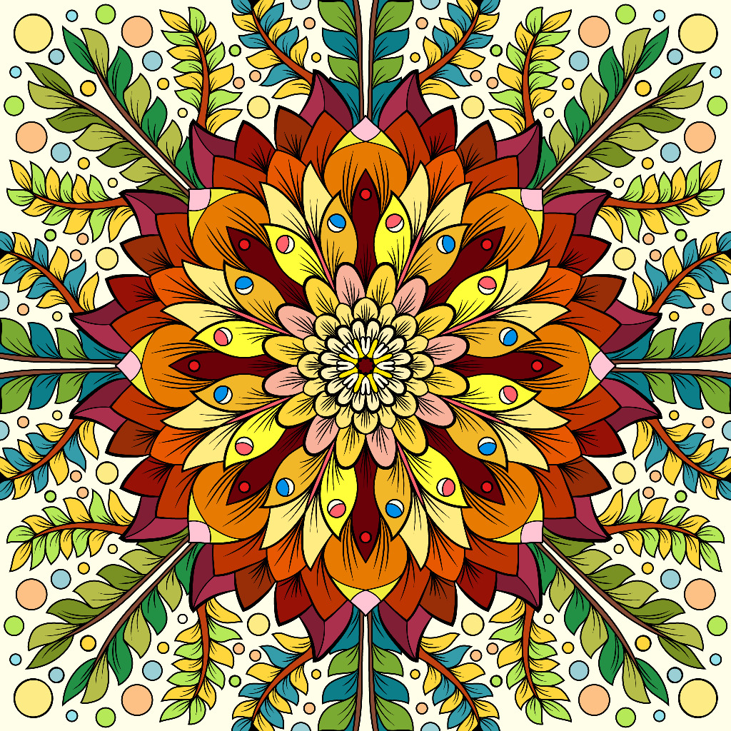 Colorful symmetrical mandala with layered orange and yellow petals and green leaf motifs in corners