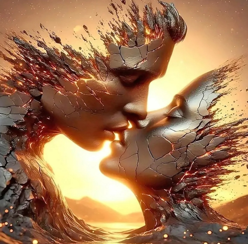 Surreal cracked stone faces kissing in warm sunset light