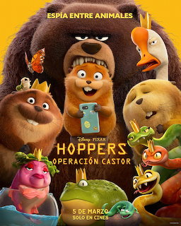 Animated poster with a beaver holding a phone, surrounded by other animal characters