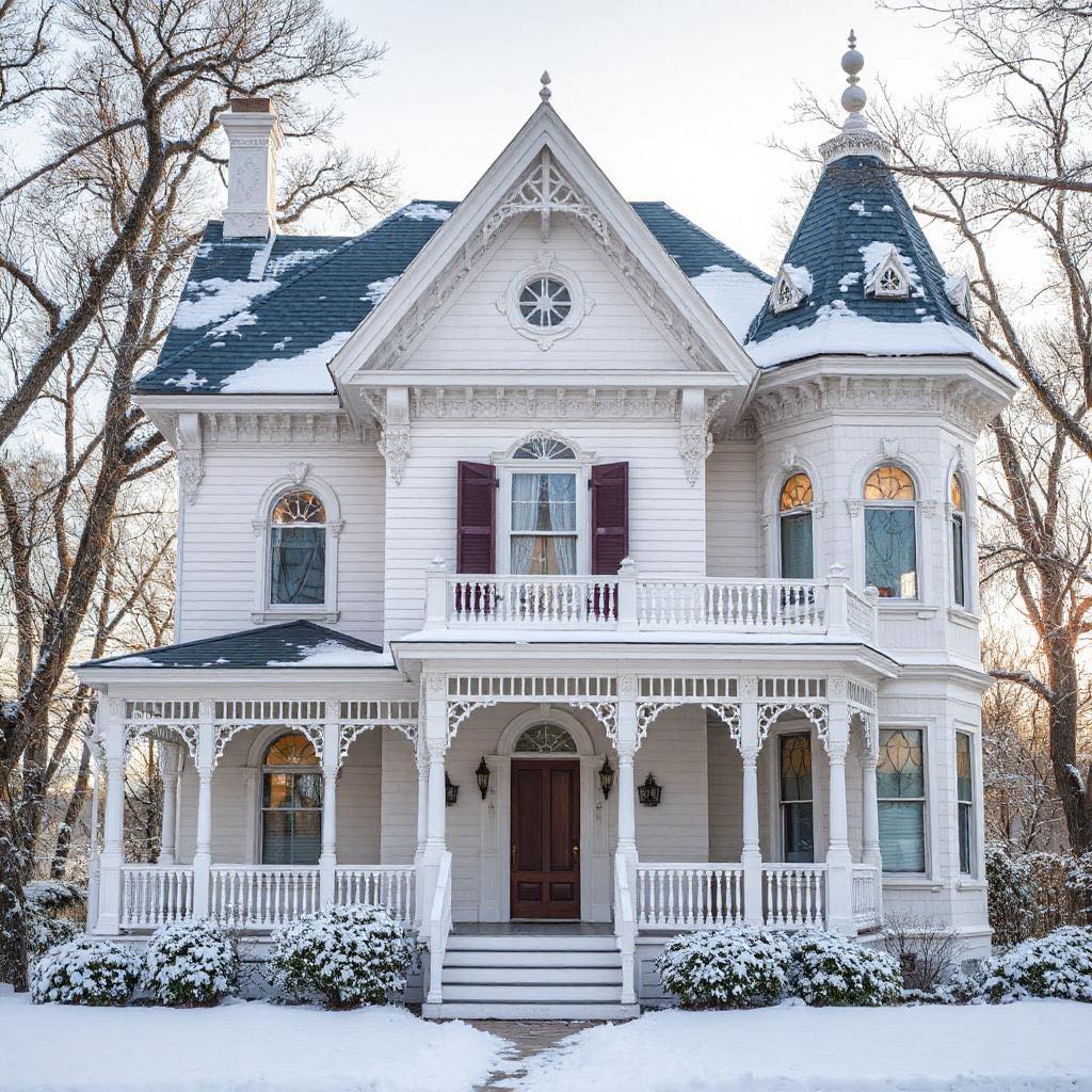 White Victorian house with turret and wraparound porch in snowy winter setting