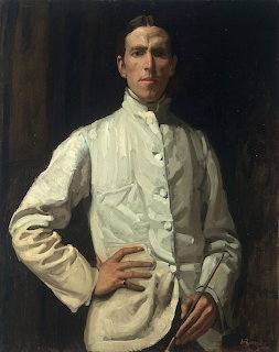 Oil painting self-portrait of a young man in a white buttoned jacket with hands on hips against dark background