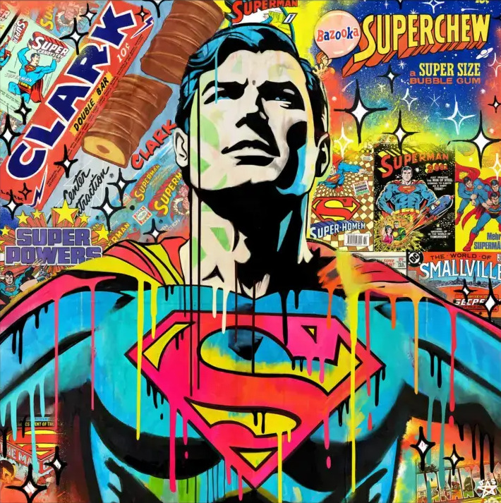 Pop art collage painting of Superman with colorful comic book imagery and graffiti style elements
