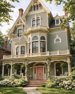 Victorian mansion with ornate trim, turret, wraparound porch, and flowering garden