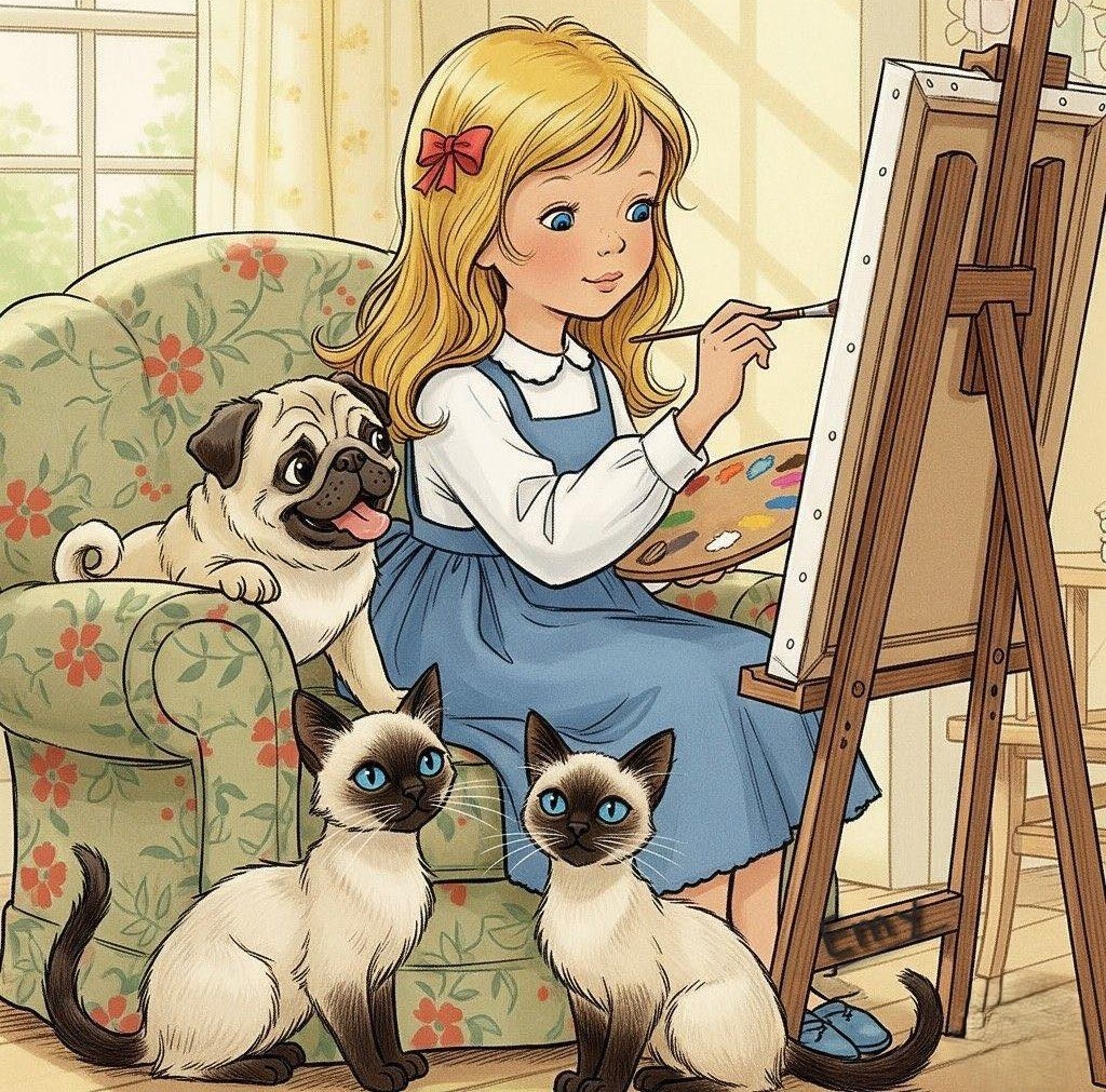Young girl painting at easel with pug and two Siamese cats in sunny room