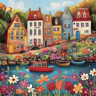 Vibrant illustration of colorful houses along a canal with flowers, boats, and autumn trees