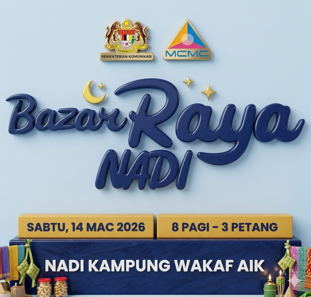 Blue Bazar Raya Nadi event poster with date, time, and location text on a light background