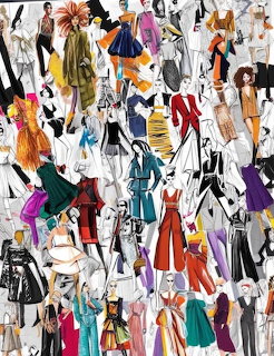 Collage of fashion illustration sketches showing women in various colorful outfits and poses