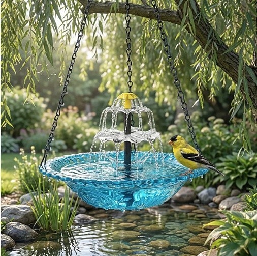 Yellow goldfinch perched on a blue glass hanging bird bath with fountain in a green garden