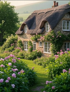 Thatched roof stone cottage with pink flowering garden and green lawn on a misty morning