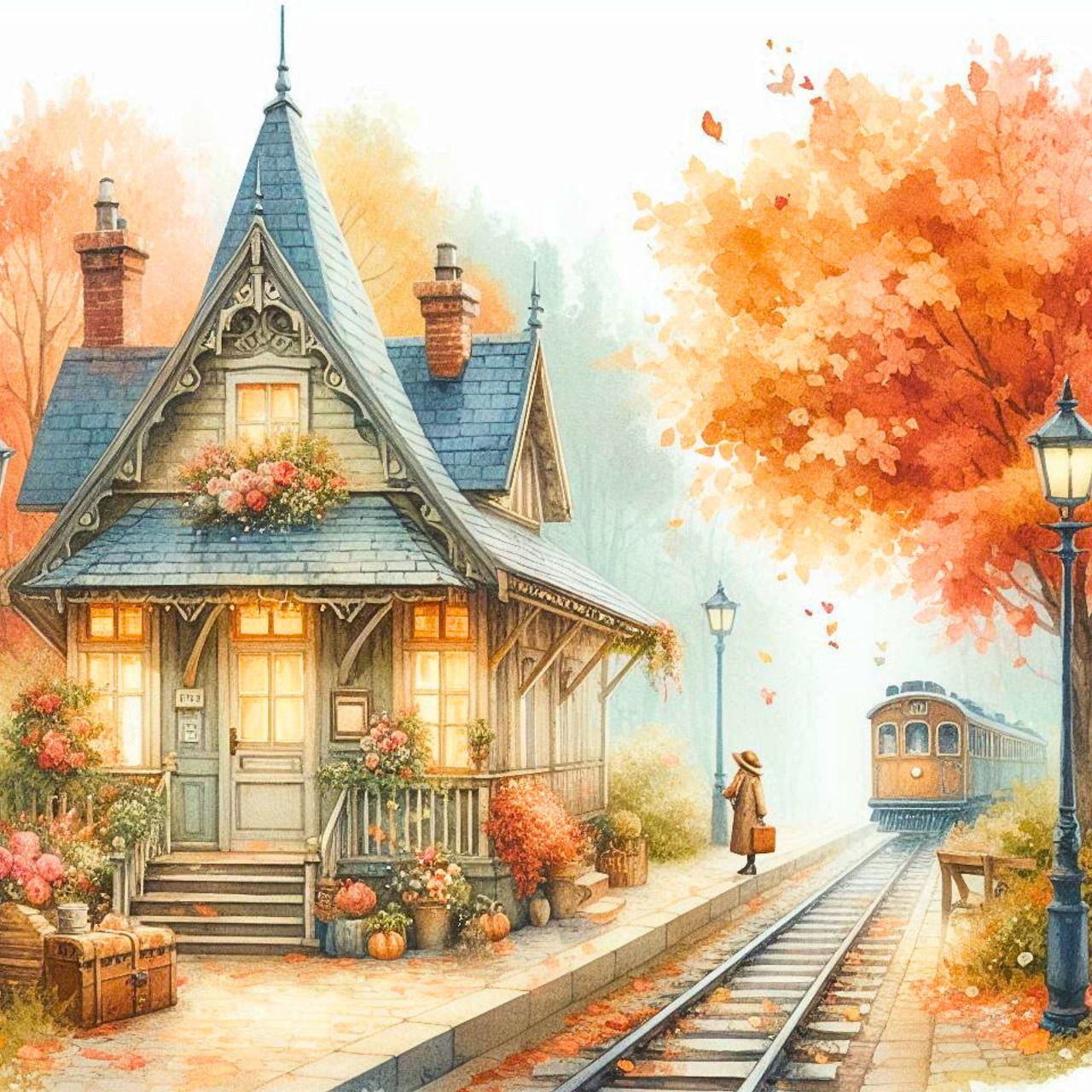 Illustrated autumn train station with glowing lights, orange trees, and tracks stretching into the distance