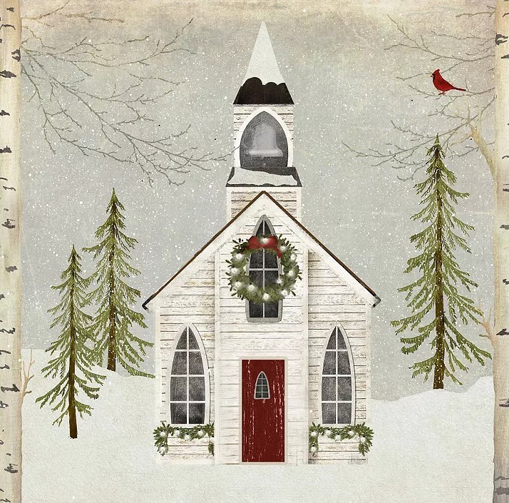 Folk art illustration of white church in snow with wreath, trees, and red cardinal