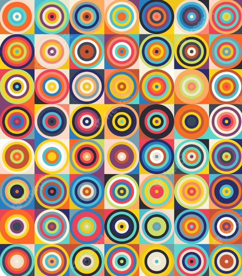 Grid of colorful concentric circles in retro style with bold primary and secondary colors
