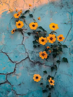 Yellow Flowers on Cracked Wall