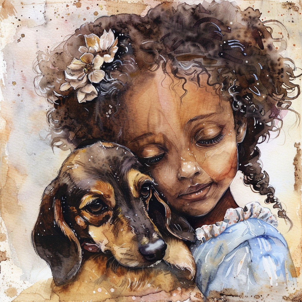 Watercolor portrait of a young curly-haired girl hugging a small brown puppy