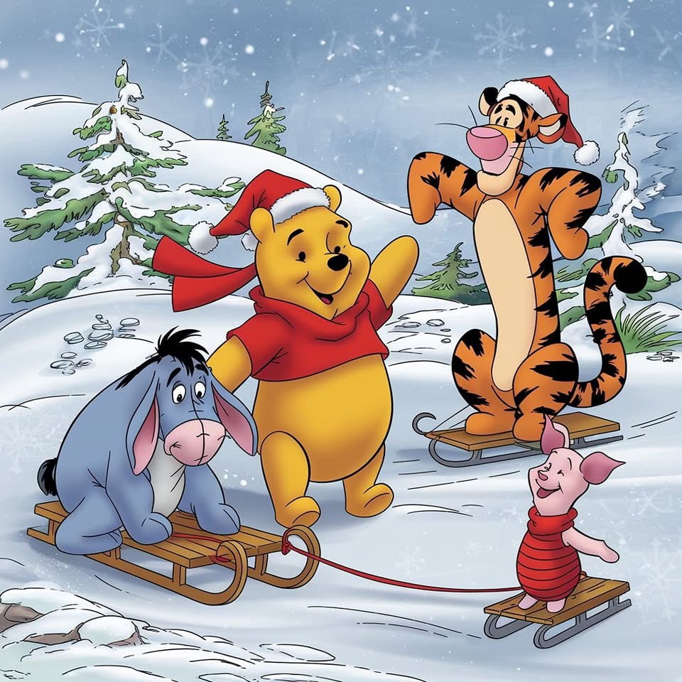 Winnie the Pooh and friends sledding in snow wearing winter hats