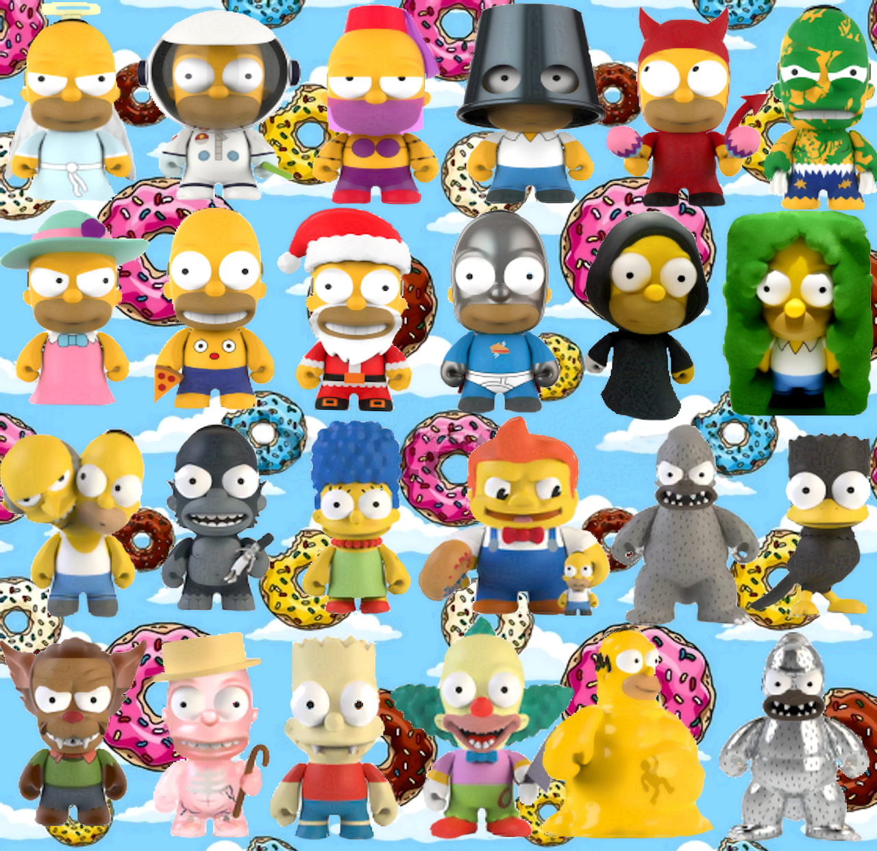 Colorful array of Simpsons Kidrobot collectible vinyl toy figures in various character designs and costumes