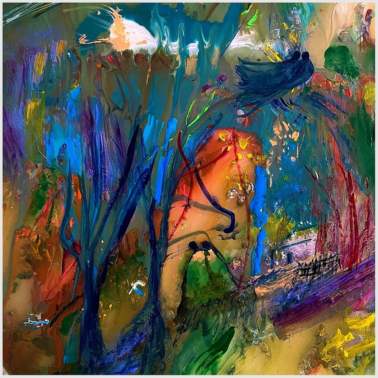 Abstract expressionist painting with dynamic blue, green, and warm color brushstrokes suggesting a forest landscape