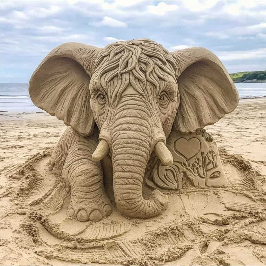 Large sand sculpture of an elephant with detailed features on a beach