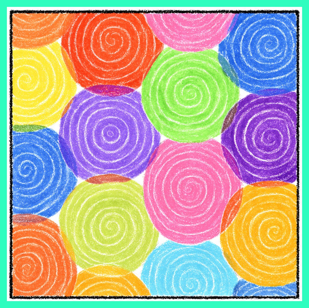 Colorful hand-drawn spiral circles in various bright colors arranged in a grid pattern