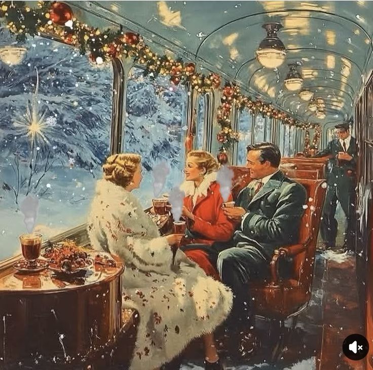 Vintage train dining car decorated for Christmas with passengers in 1950s formal wear