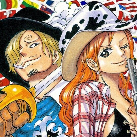 Anime drawing of Nami and Sanji from One Piece manga with colorful flags in background