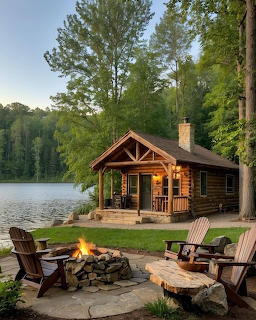 Log cabin by lake with campfire pit and Adirondack chairs on stone patio surrounded by forest