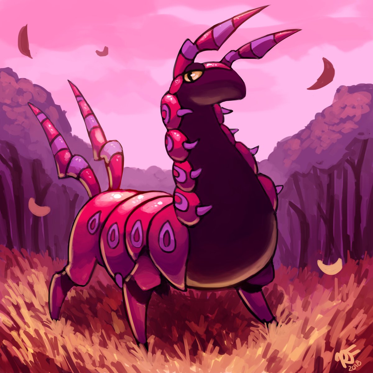 Purple centipede Pokemon Scolipede in canyon with pink sky