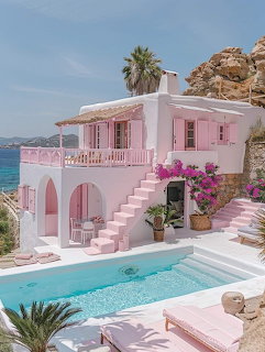 Pink villa with arched architecture, pool, and ocean view in Mediterranean coastal setting