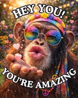 Chimpanzee wearing rainbow sunglasses and floral headband blowing a kiss with text Hey You're Amazing