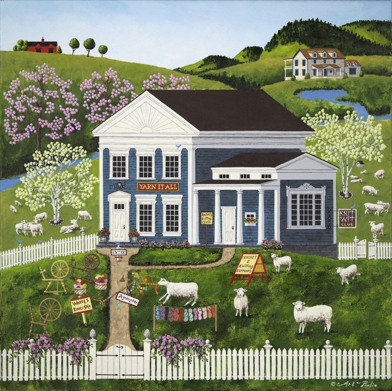 Folk art painting of white farmhouse with sheep in pastoral landscape with blooming trees and green hills