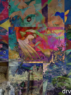Colorful digital collage with abstract patterns, nature imagery, and layered geometric shapes