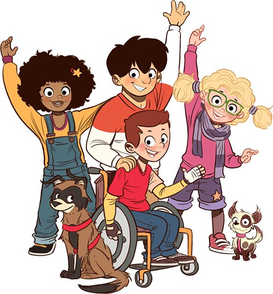Cartoon of four diverse kids, one in a wheelchair, with a service dog and small goat, all smiling and waving