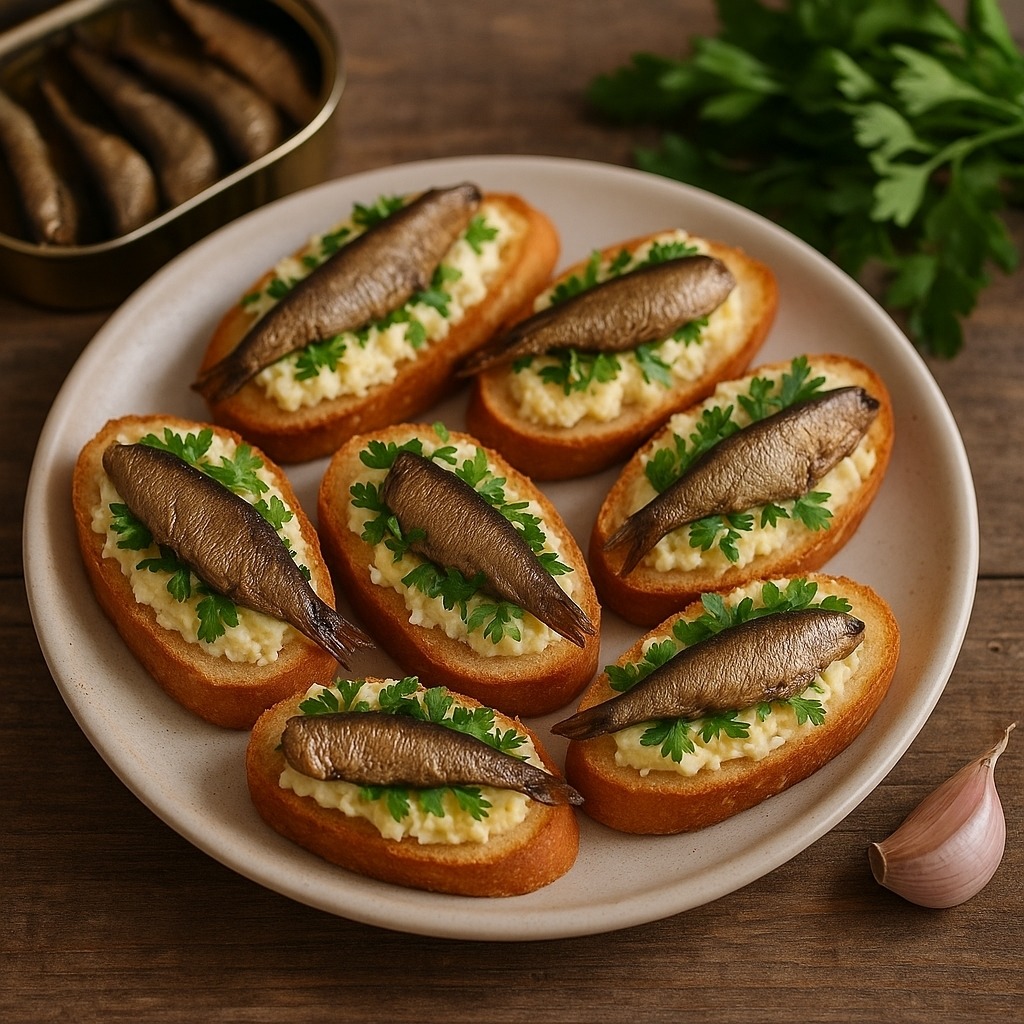 Open-faced sandwiches with small fish and parsley on a white plate