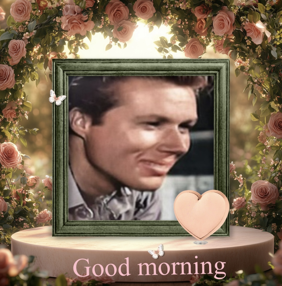 Portrait in decorative frame with pink roses, white flowers, and wooden heart, displaying 'Good morning' text