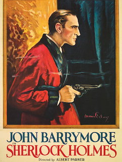 Vintage poster of John Barrymore as Sherlock Holmes in red jacket holding pipe