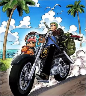 Anime characters riding motorcycle on tropical beach with palm trees and blue sky