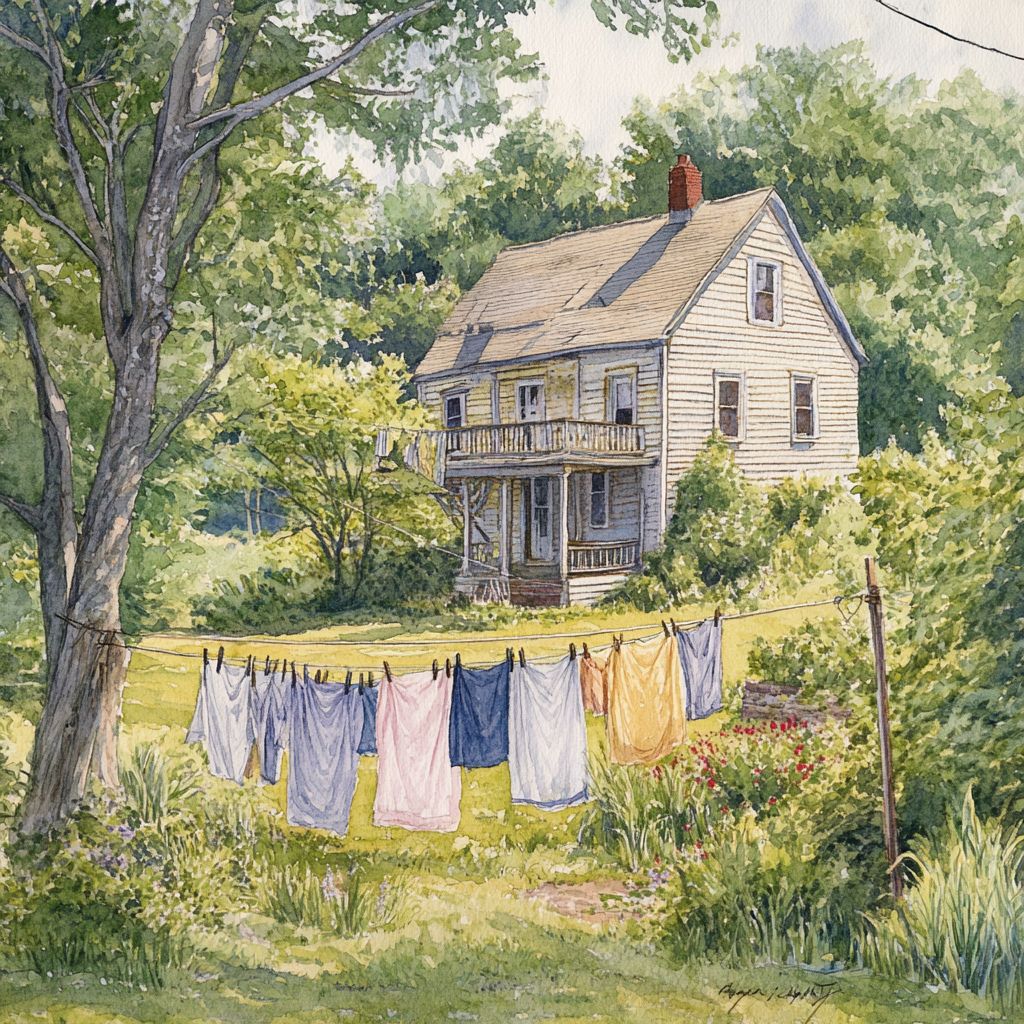 Watercolor of white farmhouse with laundry drying on clothesline in front yard with trees