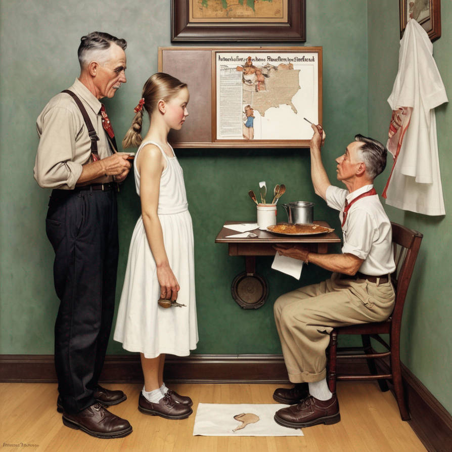 Norman Rockwell painting of a grandfather, girl in white dress, and seated man looking at a wall map