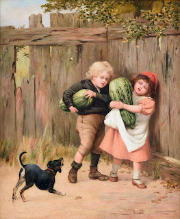 Painting of two Victorian children holding gourds with a barking black dog by a wooden fence