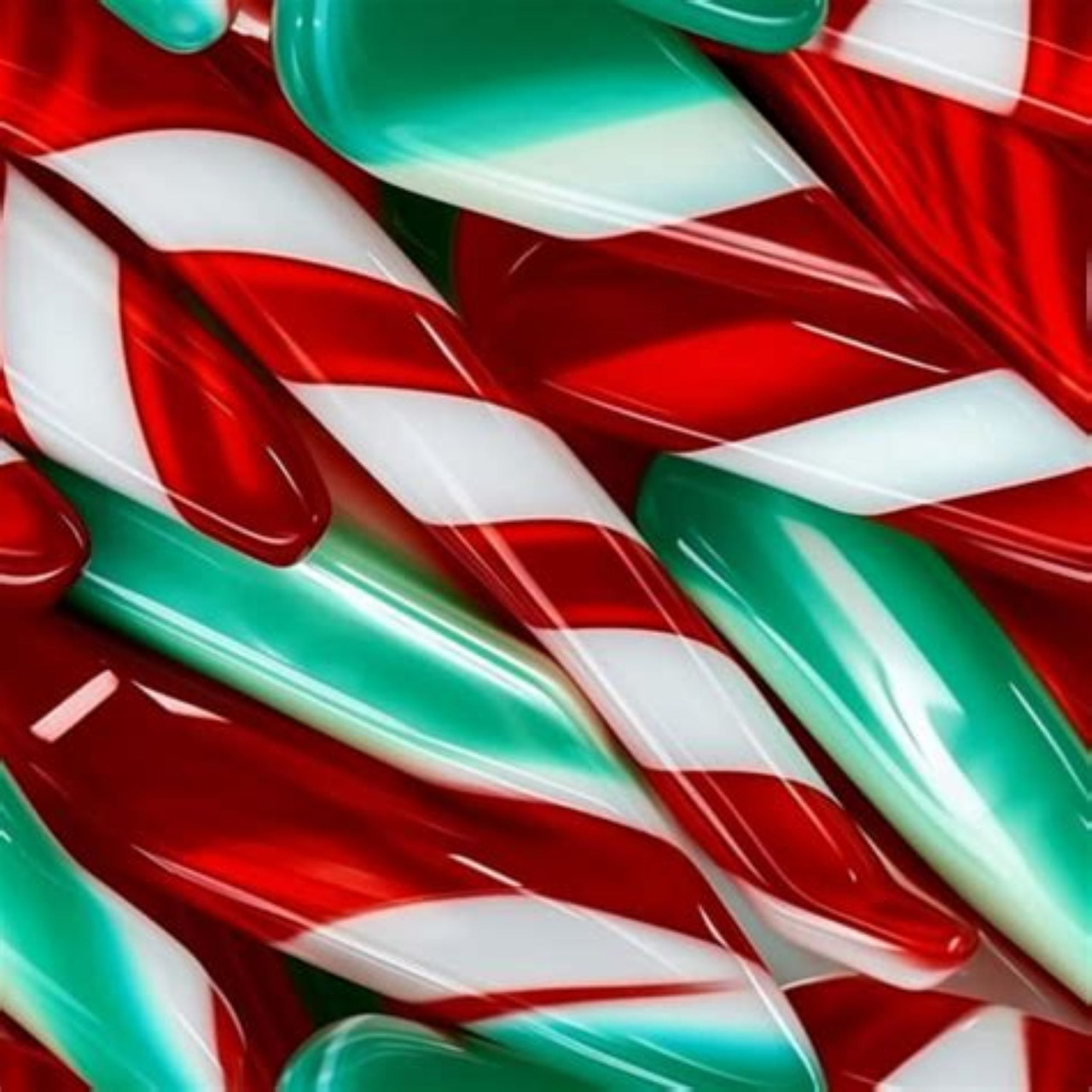 Red, white, and green striped peppermint candy canes arranged together in close-up view