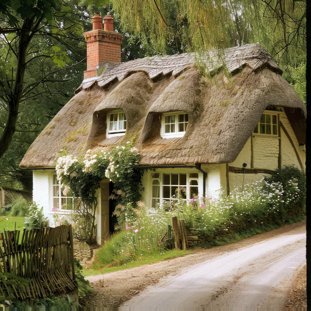 Thatched cottage with white walls and garden along a country lane