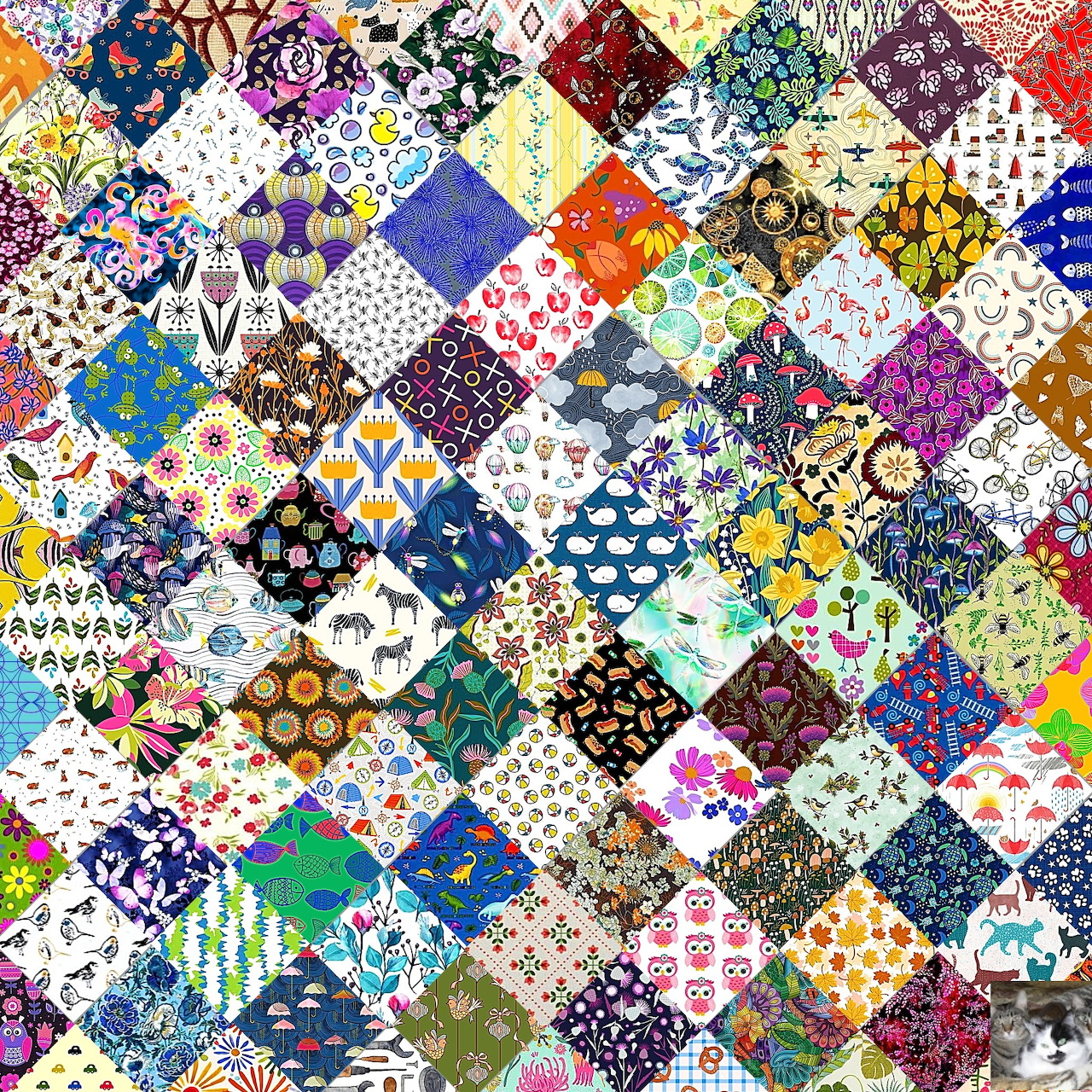 Colorful patchwork quilt with diamond patches in various patterns and colors arranged in a grid