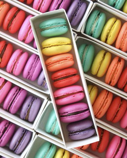 Overhead view of colorful macarons neatly arranged in white sectioned box showing rainbow of pastel colors